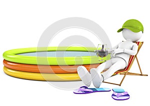 3d white person sunbathing on a lounger with a refreshing drink.