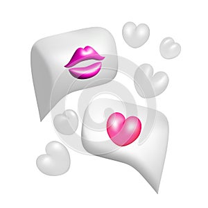 3d white and pink bubble speeches with heart, lips and clouds