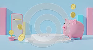 3d white podium on pastel blue background abstract. Pink piggy bank coins falling. Online money mobile cartoon. 3d rendering for