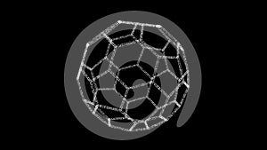 3D white polyhedral ball rotates on its axis black backdrop. Object consisting of flickering particles 60 FPS. Science