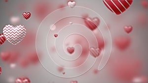 3D White and red hearts with a pattern on a soft pink background fly up. Valentine\'s Day, blurry for a wedding.