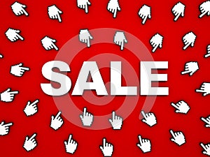 3d white sale word with hand cursors on red background with shadow