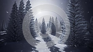 3D Into A White Snowy Forest with Falling Snow Loop Landscape