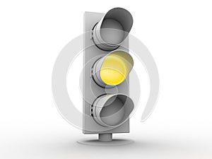 3d white traffic light with a yellow light