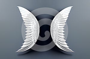 3d white two angel wings realistic mockup isolated background. Abstract freedom symbol. Ai generated image