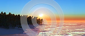 3D widescreen palm tree island at sunset