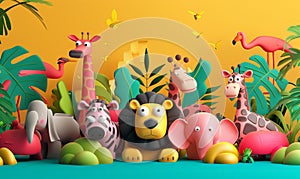 3d wild African animals on yellow background. Cute creatures, giraffe, zebra, lion and flamingo. Illustration for kids activities