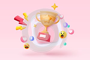 3d winners prize with golden cup, gold winners stars for rewards ceremony. Award ceremony first and second and third concept on
