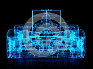 3d wire frame front view of a race car on a black background.