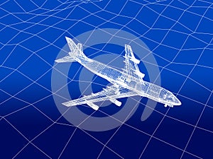 3D wireframe of airplane flies over a sea