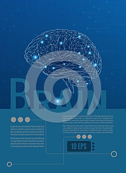 3D wireframe brain illustration on blue graphic layout