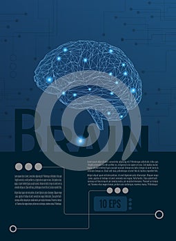 3D wireframe brain illustration on dark blue graphic layout