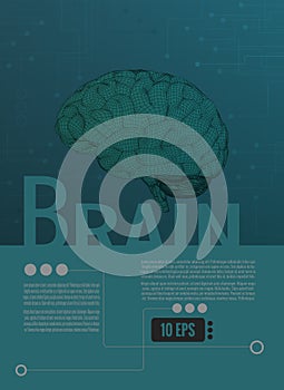 3D wireframe brain illustration on green graphic layout