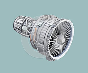 3D wireframe clay render of turbofan jet engine isolated on green background