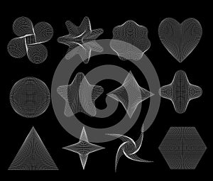 3d wireframe geometric shapes set in different shapes on a black background. Geometry shape from the white lines