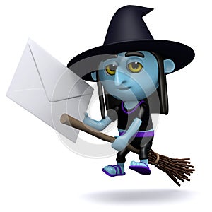 3d Witch delivers a letter by broomstick