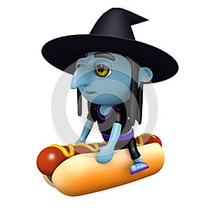 3d Witch rides a hot dog