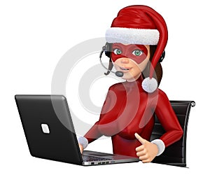 3D Woman christmas superhero with headphones and laptop