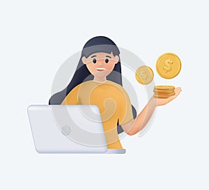 3D woman earning money. laptop. 3D cartoon style vector design illustrations. Business earnings online, freelancer