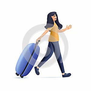 3D Woman with luggage. Trip planning. Online reservation. Business woman traveling with travel bag. Concept for website
