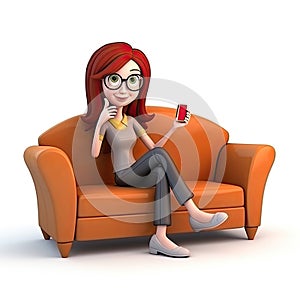 3D Woman sitting on sofa, talking on the phone, white background, cartoon character.Generative AI