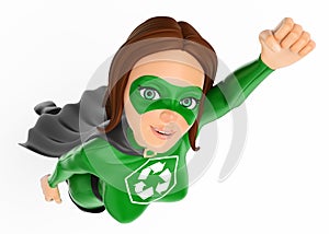 3D Woman superhero of recycling flying