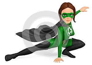 3D Woman superhero of recycling posing with hand on floor