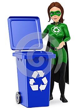 3D Woman superhero of recycling standing with a blue bin for rec