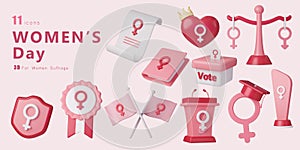 3d Women's suffrage icon set , For equality andwoman's Day, march 8. Raise awareness, prevention, detection