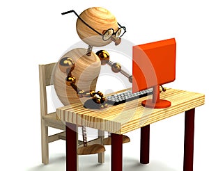 3d wood man working at computer