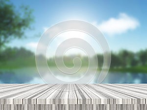 3D wooden table looking out to a defocussed countryside landscape