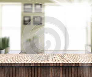 3D wooden table looking out to a sunny defocussed room interior