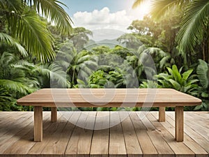 3D wooden table with a tropical forest garden background for product placement Generative AI