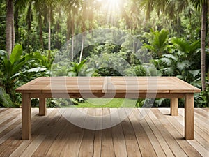 3D wooden table with a tropical forest garden background for product placement Generative AI