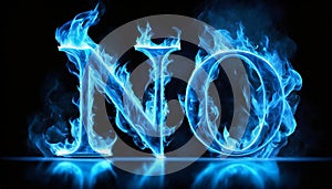 3D word NO made of blue fire flame, black background. Hot blaze