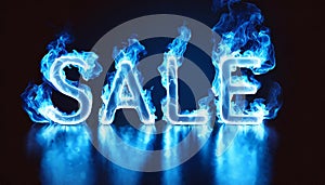 3D word SALE made of blue fire flame, black background. Hot blaze