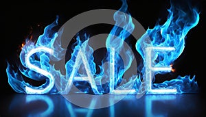 3D word SALE made of blue fire flame, black background. Hot blaze