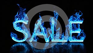 3D word SALE made of blue fire flame, black background. Hot blaze