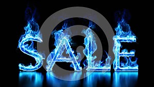 3D word SALE made of blue fire flame, black background. Hot blaze