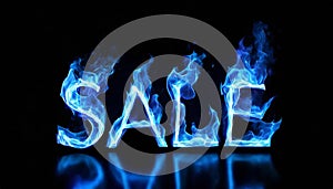 3D word SALE made of blue fire flame, black background. Hot blaze