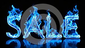 3D word SALE made of blue fire flame, black background. Hot blaze