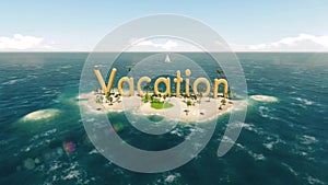 3d word vacation on tropical paradise island with palm trees an sun tents.