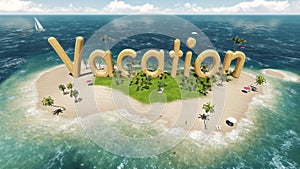 3d word vacation on tropical paradise island with palm trees an sun tents.