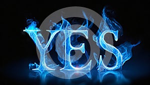 3D word YES made of blue fire flame, black background. Hot blaze