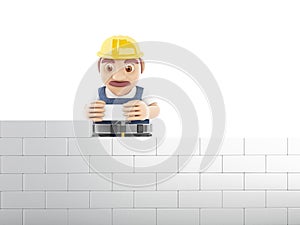 3d Worker building brick wall at construction site