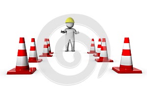 3d worker with traffic cones