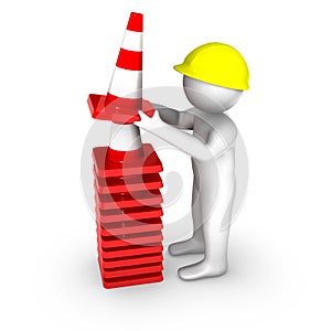 3d worker with traffic cones