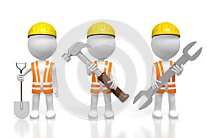 3D workers holding tools - hammer, shovel, wrench