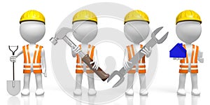 3D workers holding tools - hammer, shovel, wrench, house shape