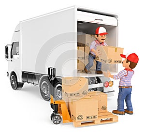 3D Workers unloading boxes from a truck